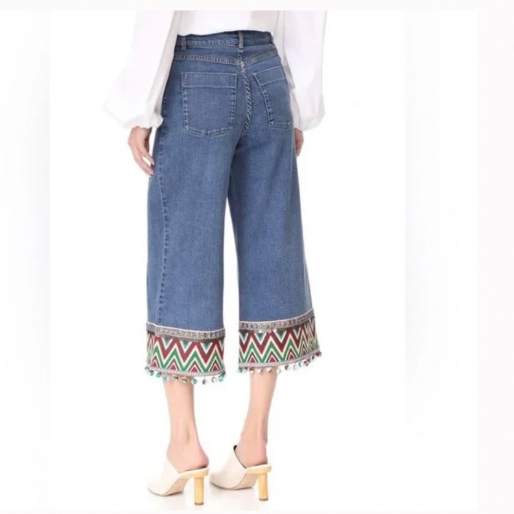 Alice Olivia Beta Embroidered PomPom Hem Wide Leg Crop Jean Womens 28 High Rise